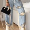 Women's Denim Trousers with Stitching and Ripped Design