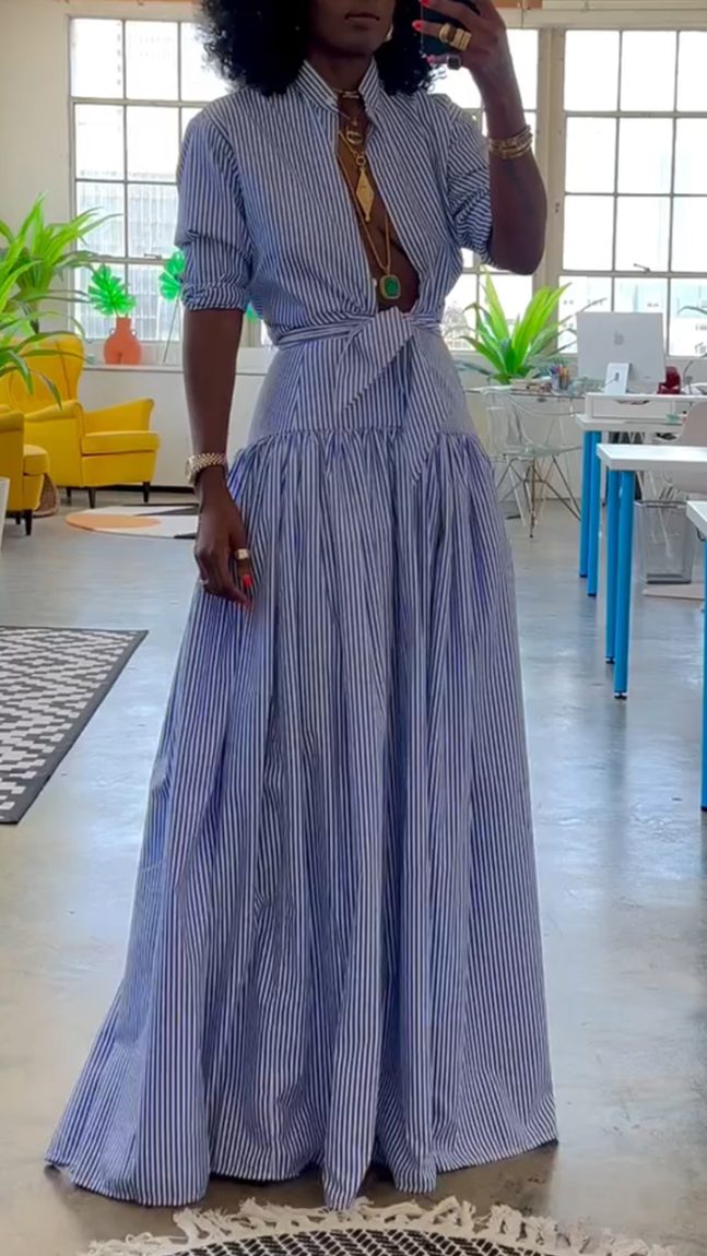 Women's Stand Collar Striped Fishtail Dress