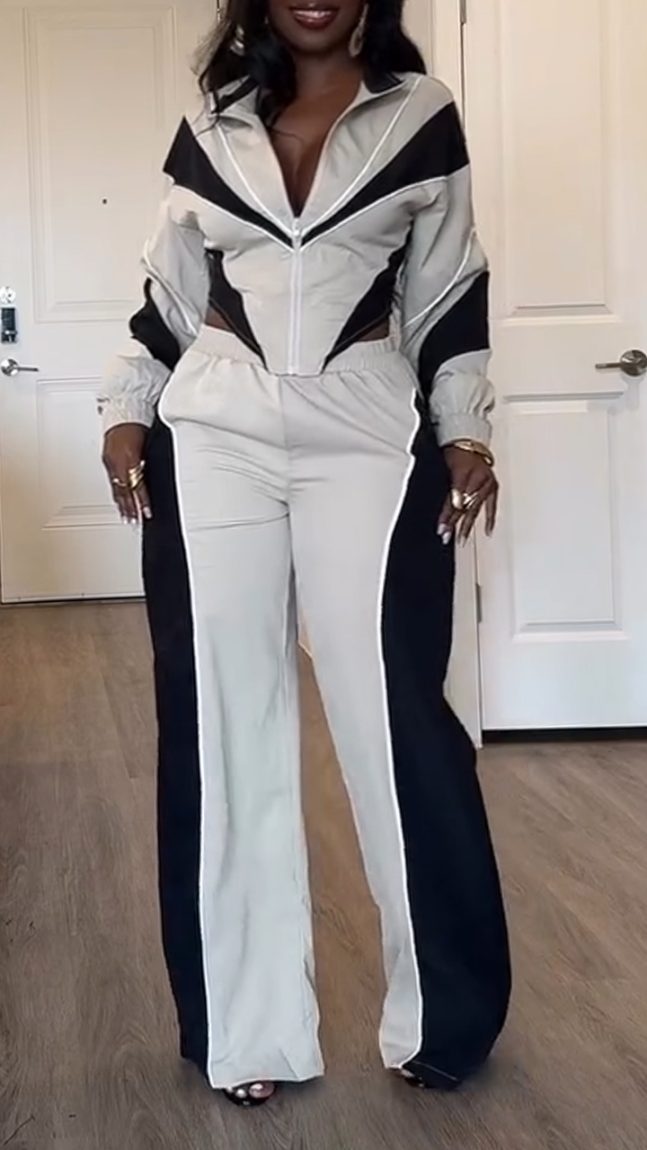 Ladies Lapel Contrast Color Jacket + Pants Casual Suit