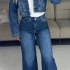 Women Lapel Rhinestone Washed Casual Denim Suit