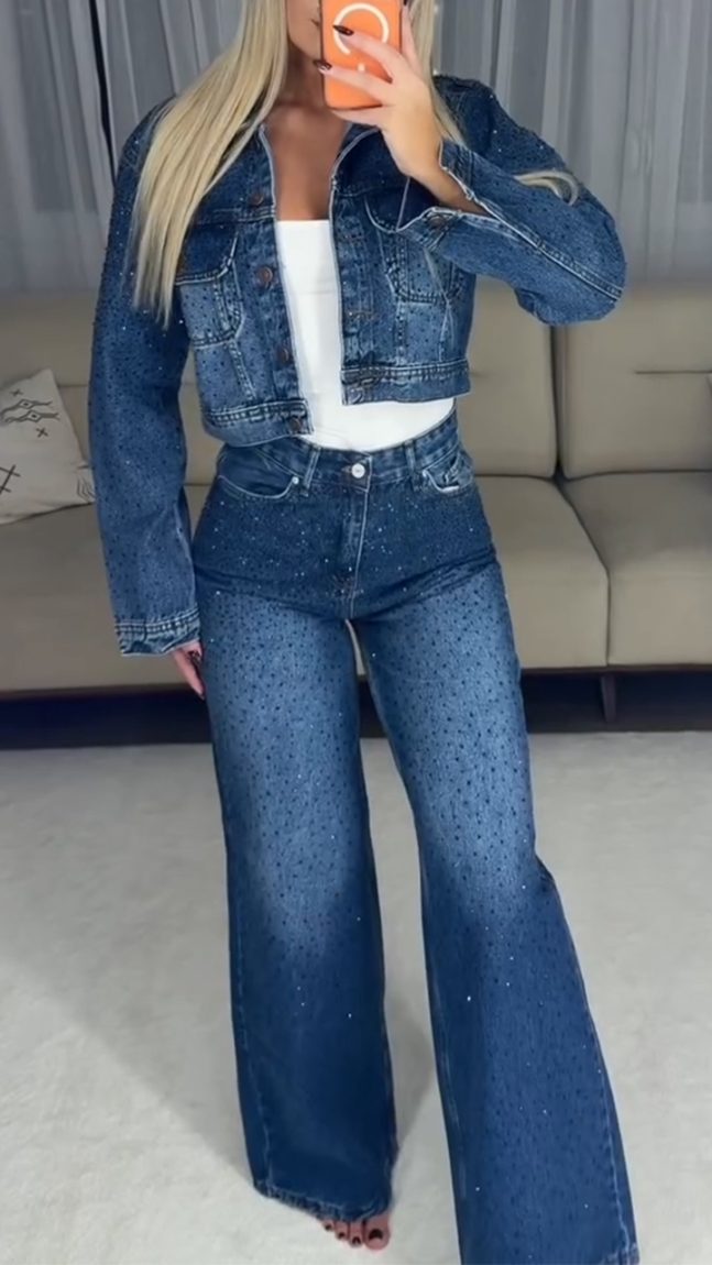 Women Lapel Rhinestone Washed Casual Denim Suit